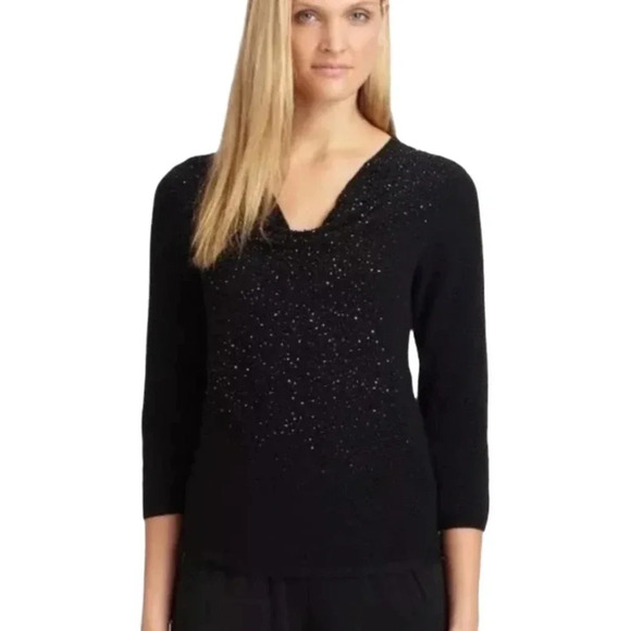 Eileen Fisher Wool Beaded Drape Cowl Neck Sweater Top Black Size XS - Picture 3 of 12